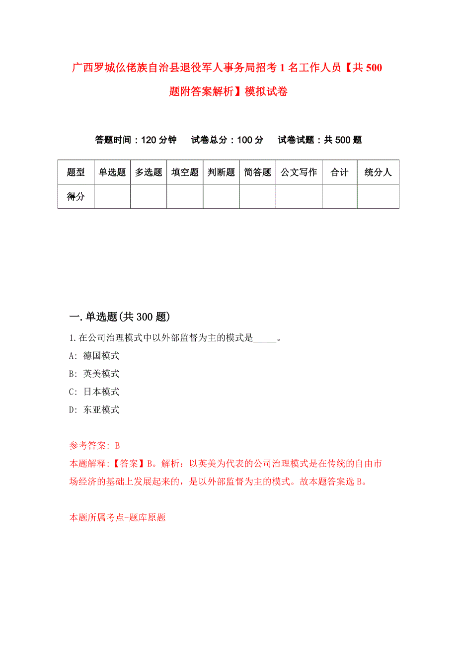 广西罗城仫佬族自治县退役军人事务局招考1名工作人员【共500题附答案解析】模拟试卷_第1页