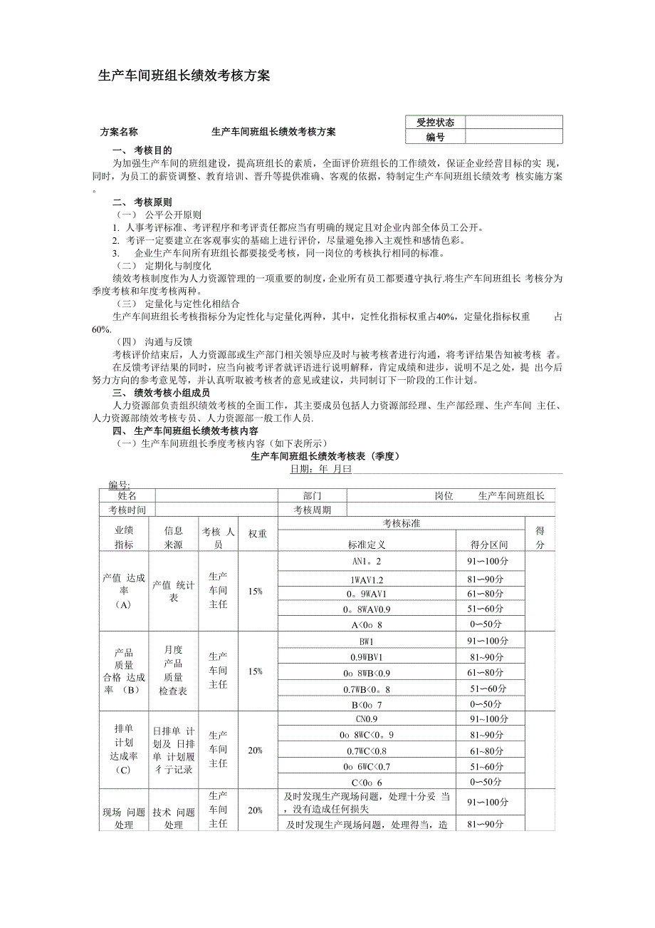 生产车间班组长绩效考核方案_第1页