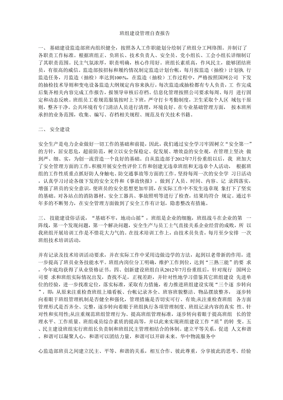 班组建设管理自查报告_第1页