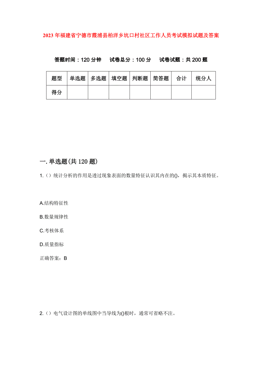 2023年福建省宁德市霞浦县柏洋乡坑口村社区工作人员考试模拟试题及答案_第1页