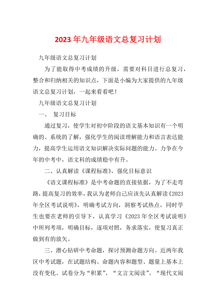 2023年九年级语文总复习计划_第1页