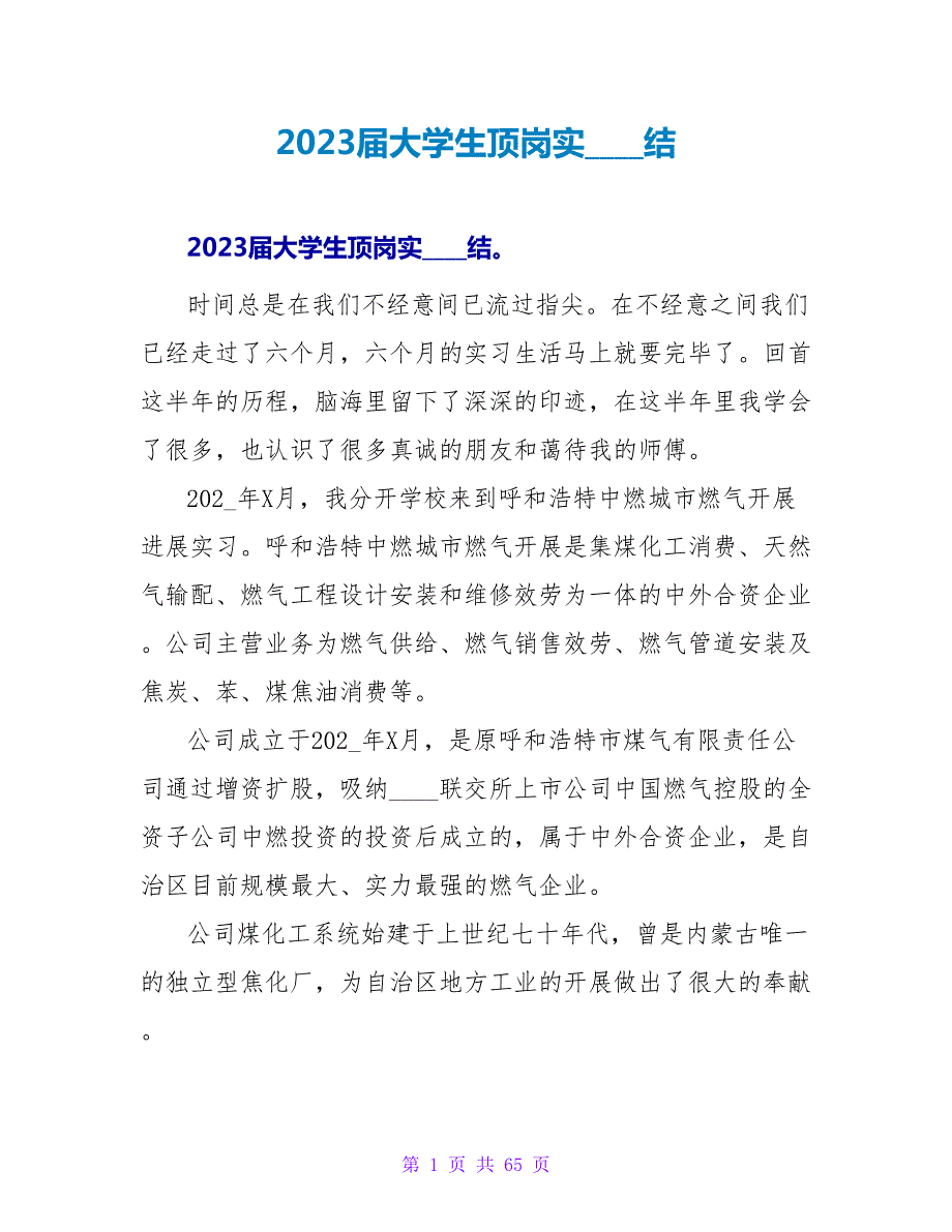 2023届大学生顶岗实习总结.doc_第1页