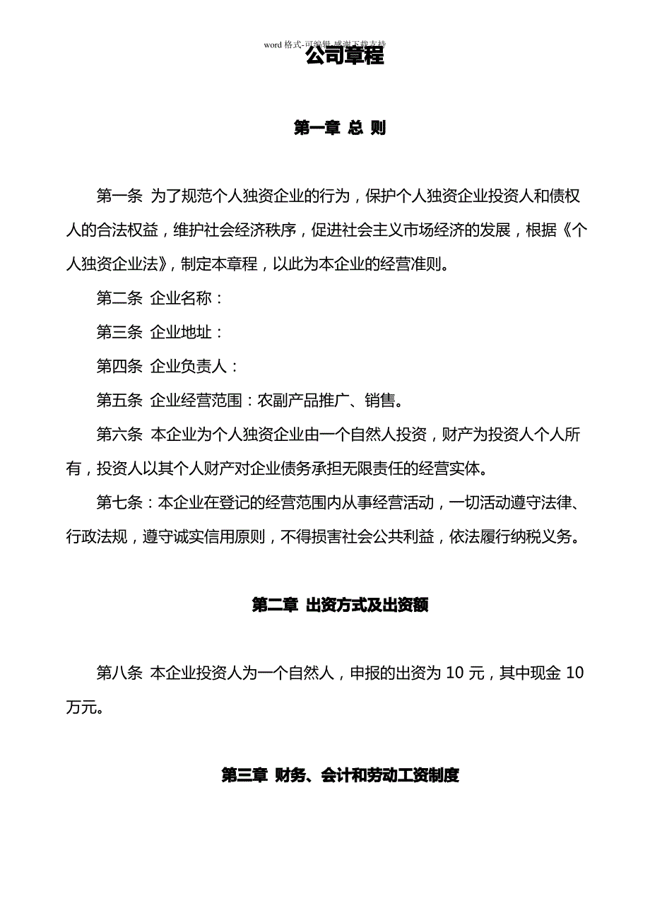 个人独资企业公司章程_第1页