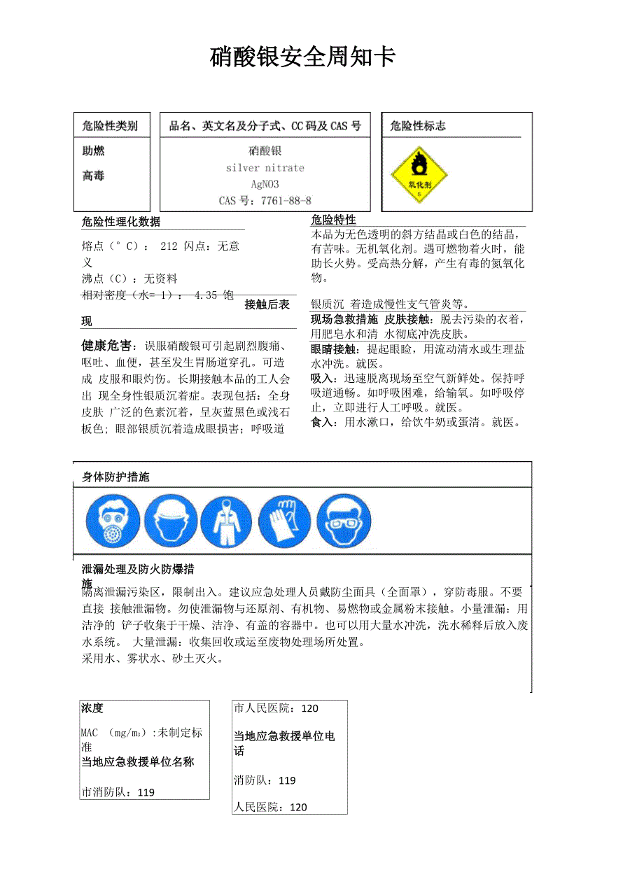 硝酸银安全周知卡、职业危害告知卡、理化特性表_第1页