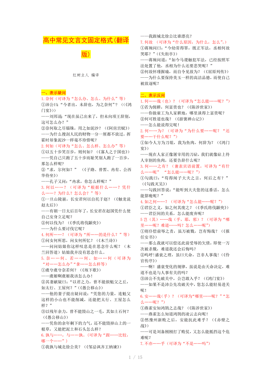 高中常见文言文固定格式(翻译版)_第1页