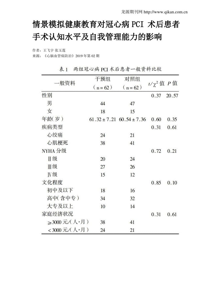 情景模拟健康教育对冠心病PCI术后患者手术认知水平及自我管理能力的影响_第1页