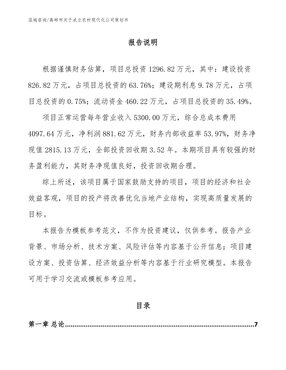 高邮市关于成立农村现代化公司策划书_模板参考_第1页