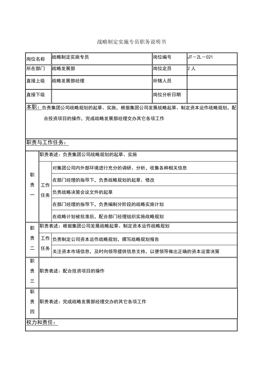 战略制定实施专员岗位说明书3988_第1页