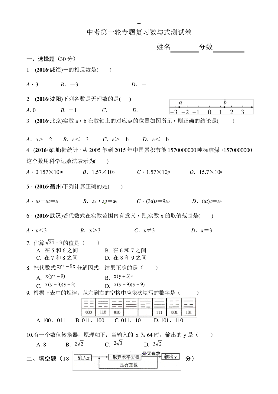 中考数学总复习数与式检测题_第1页