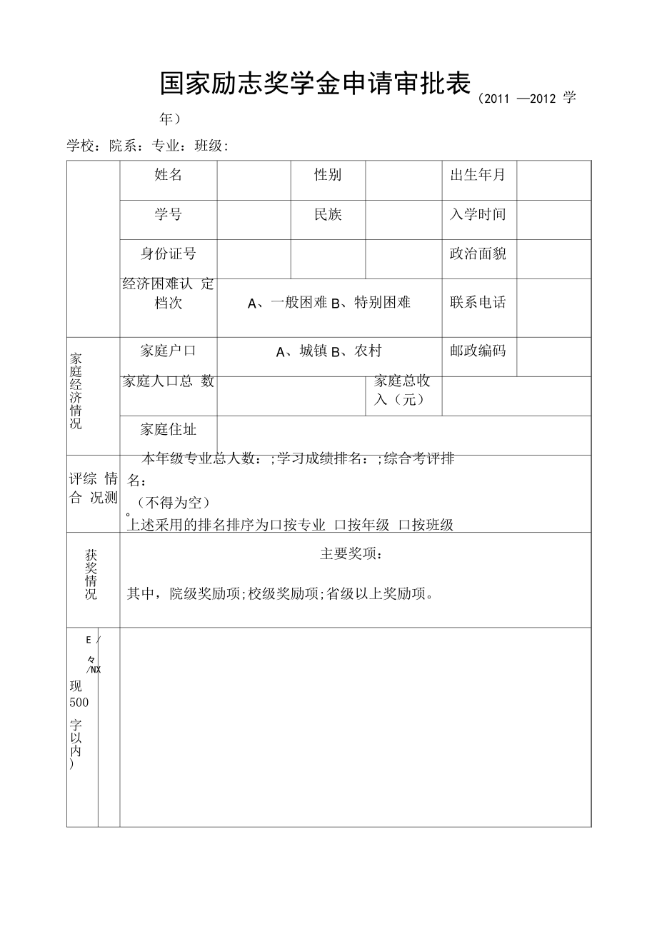 国家励志奖学金申请审批表_第1页