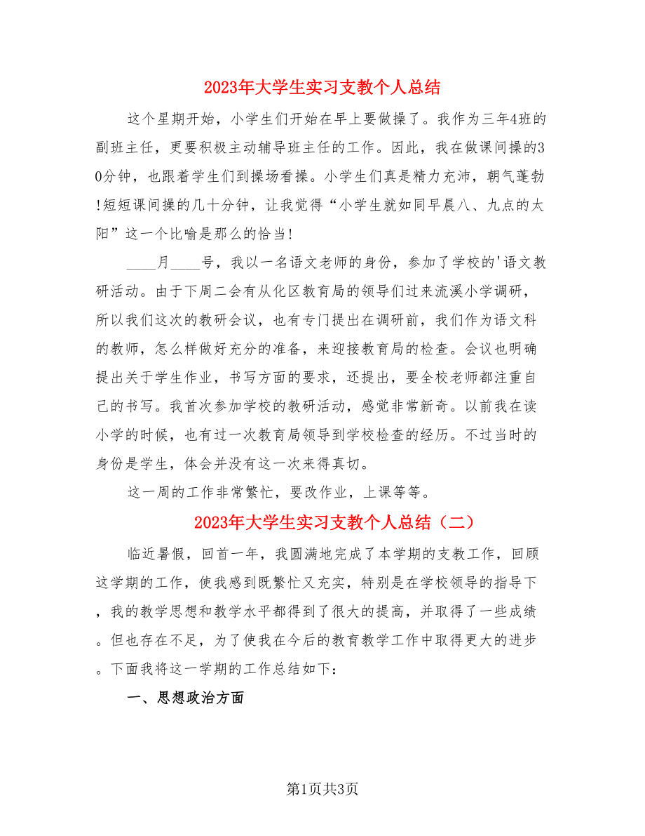 2023年大学生实习支教个人总结（二篇）.doc_第1页