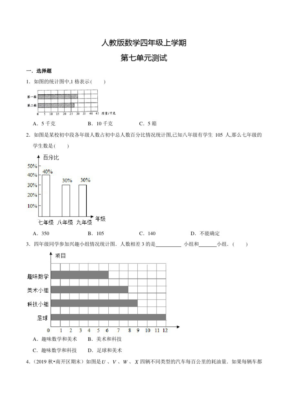 人教版数学四年级上册《第七单元检测》含答案_第1页