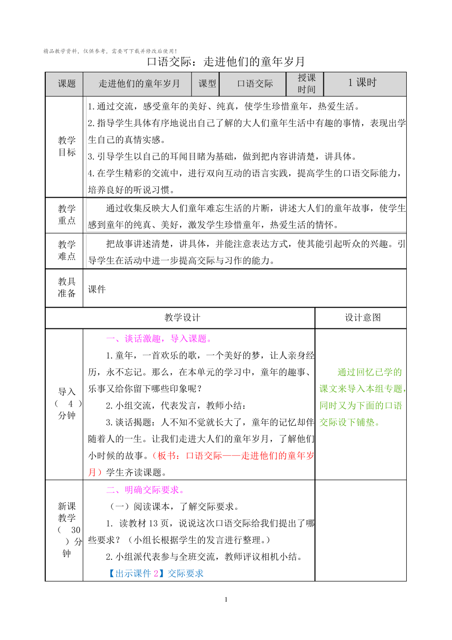 统编版五年级语文下册口语交际走进他们的童年岁月教学教案_第1页