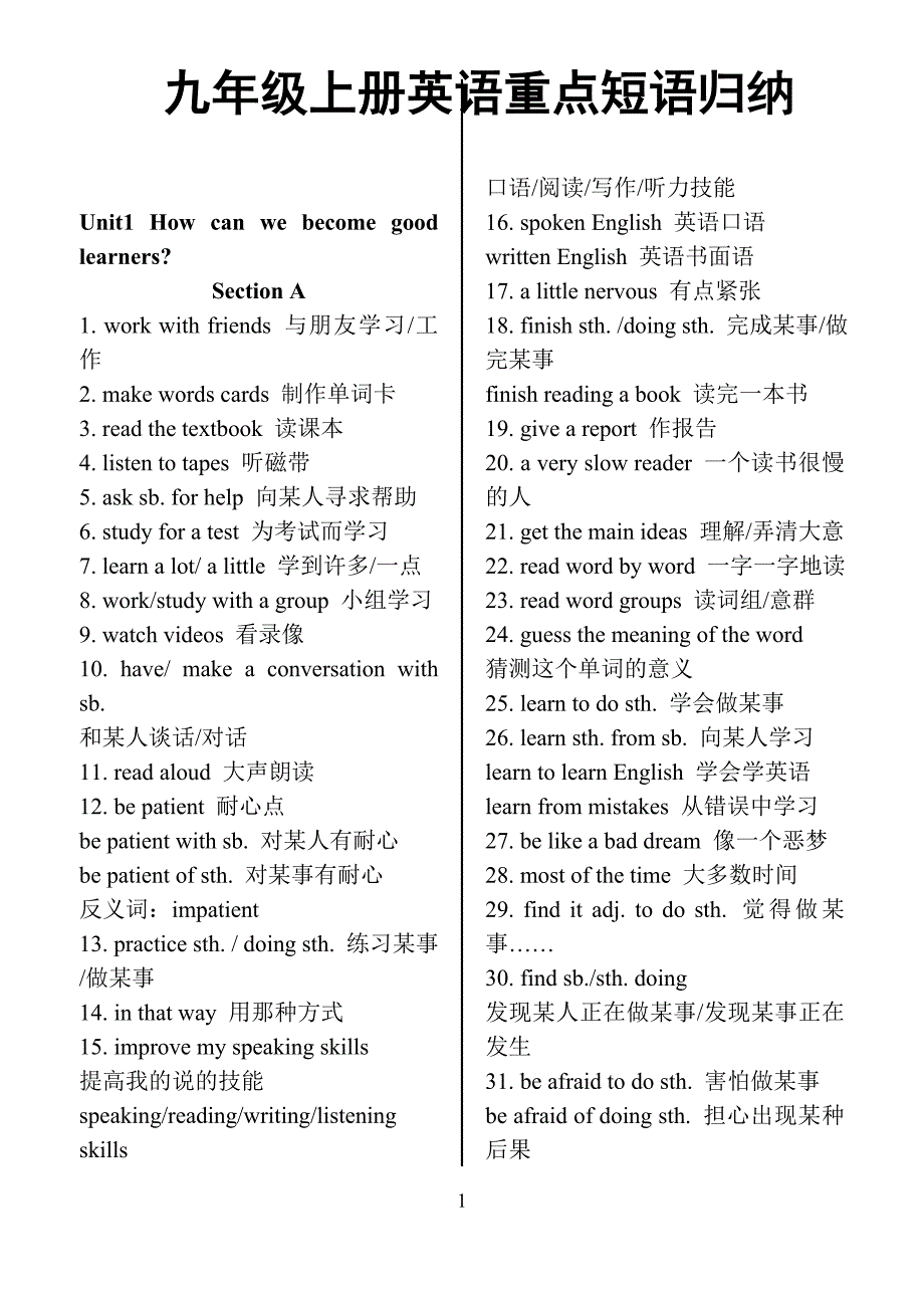 九年级上册英语重点短语归纳_第1页