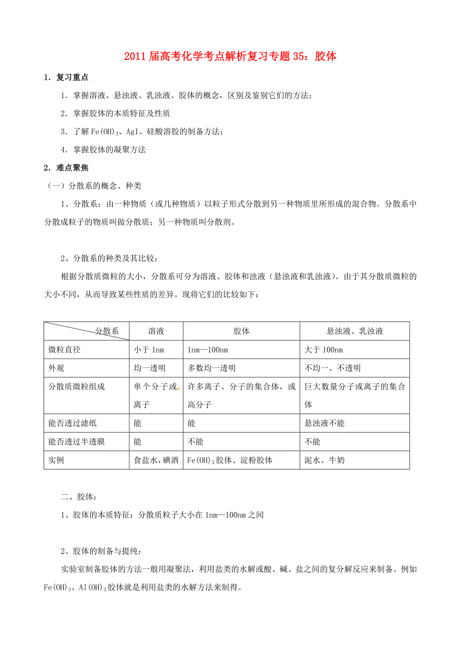 2011届高考化学 专题35：胶体考点解析复习 人教版_第1页