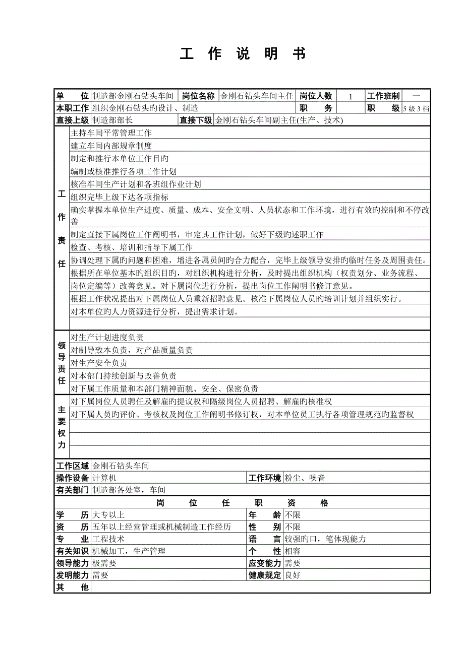 金刚石钻头车间工作说明书_第1页