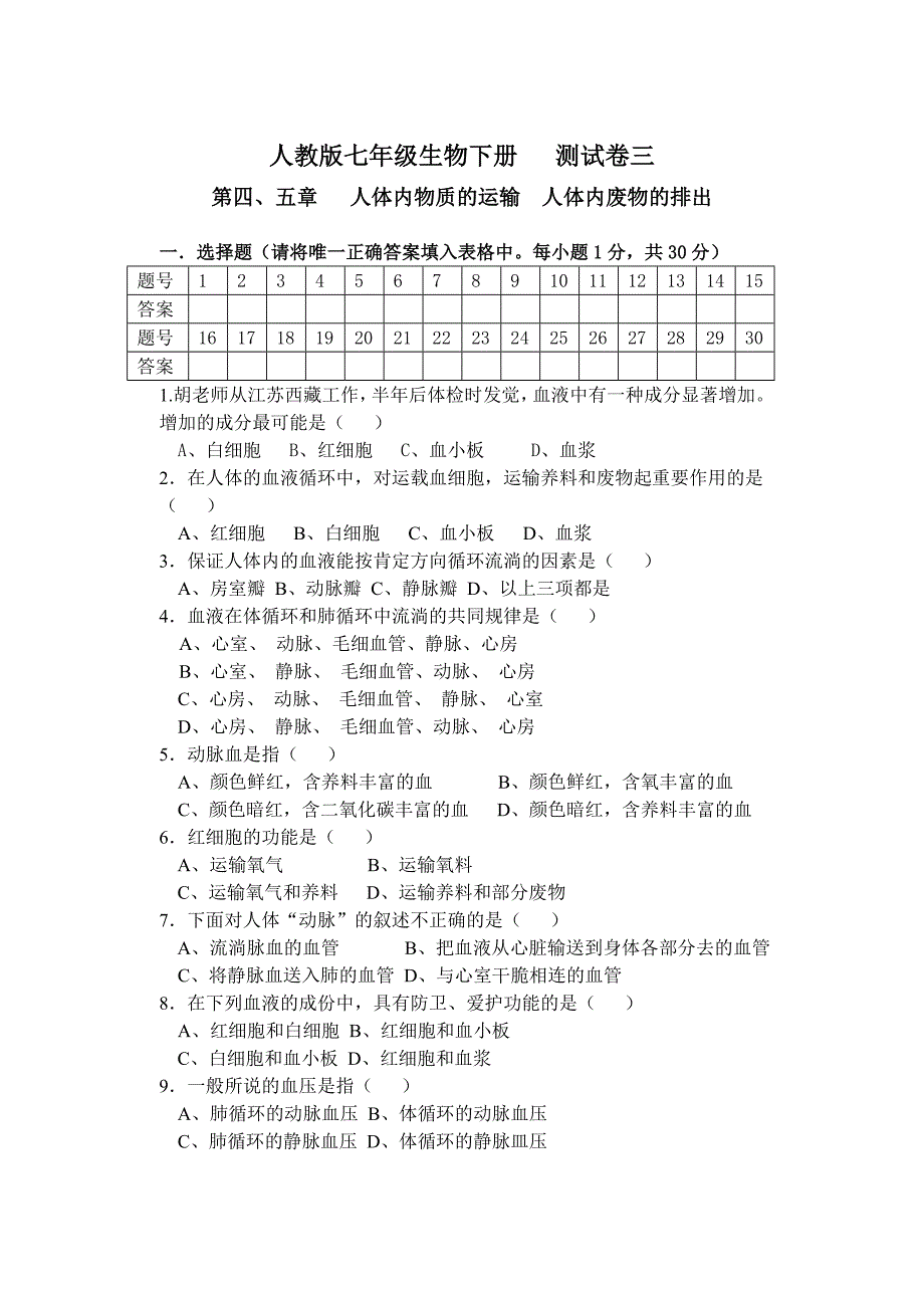 人教版七年级生物下册测试卷三(精)_第1页