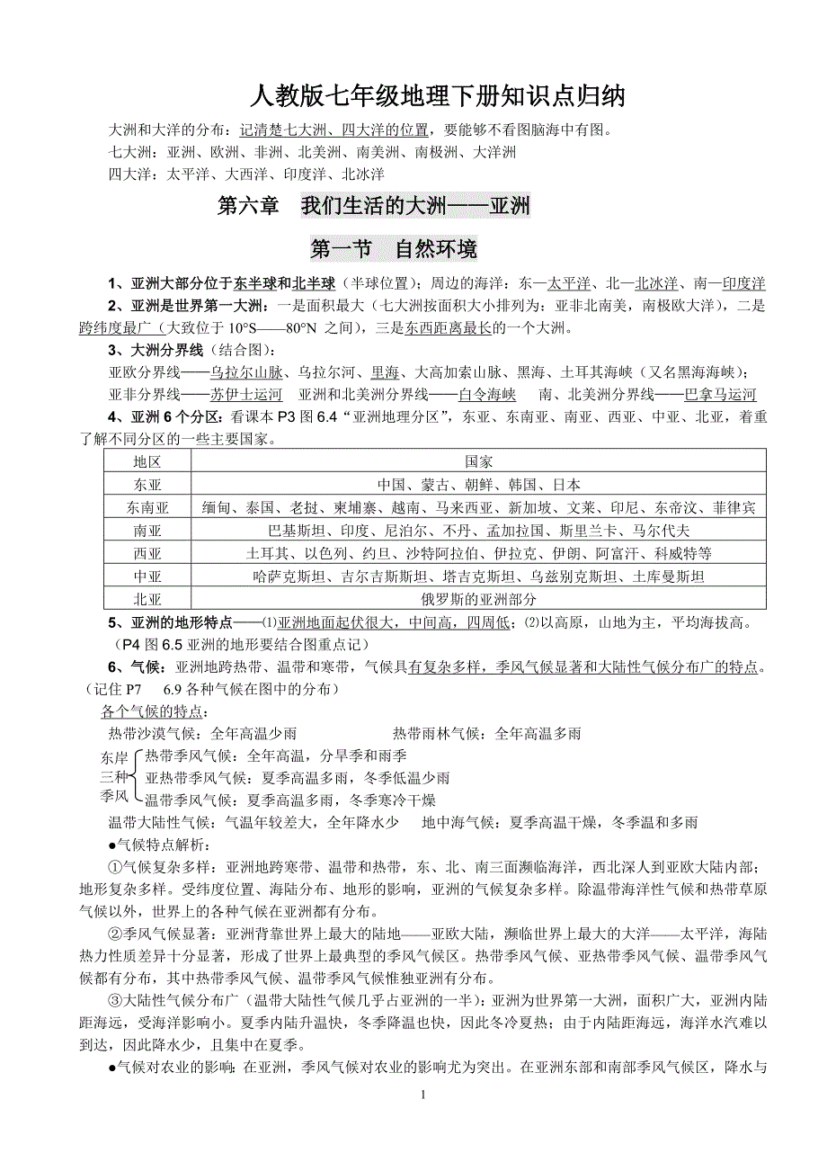 人教版七年级地理下册知识点归纳_第1页