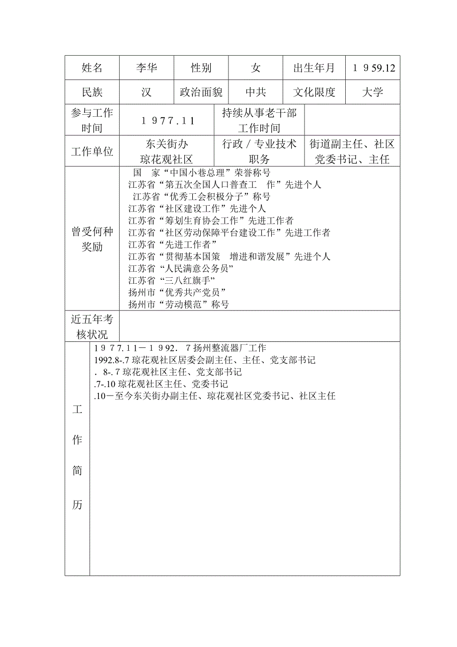 琼花观社区李华老干部工作先进个人材料_第1页