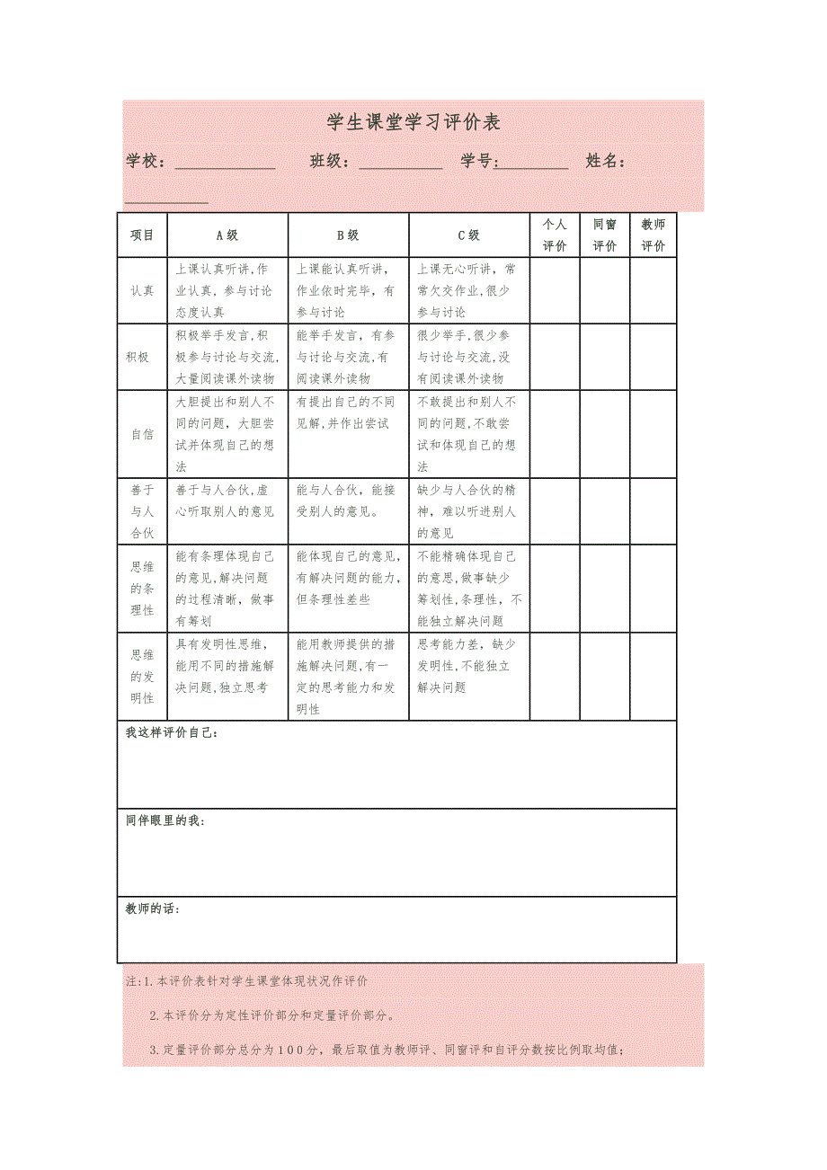 学生课堂学习评价表_第1页