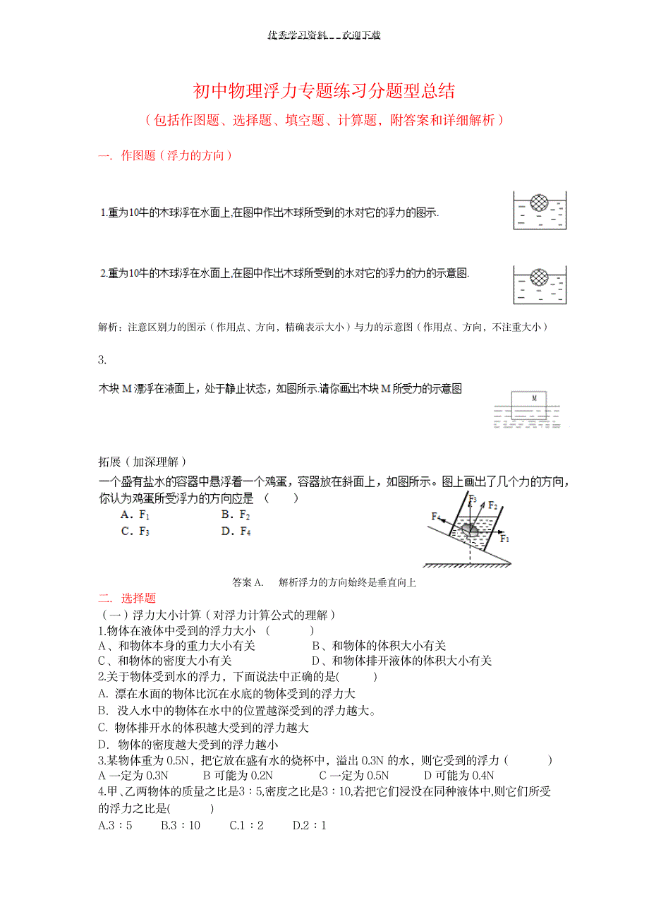 2023年初中物理浮力专题练习大全包括作图题选择题填空题计算题,附超详细解析答案和解析_第1页