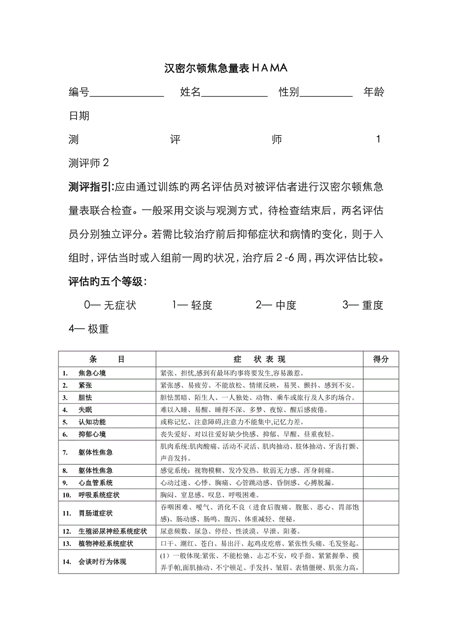 汉密尔顿焦虑量表HAMA(14项打印版)_第1页