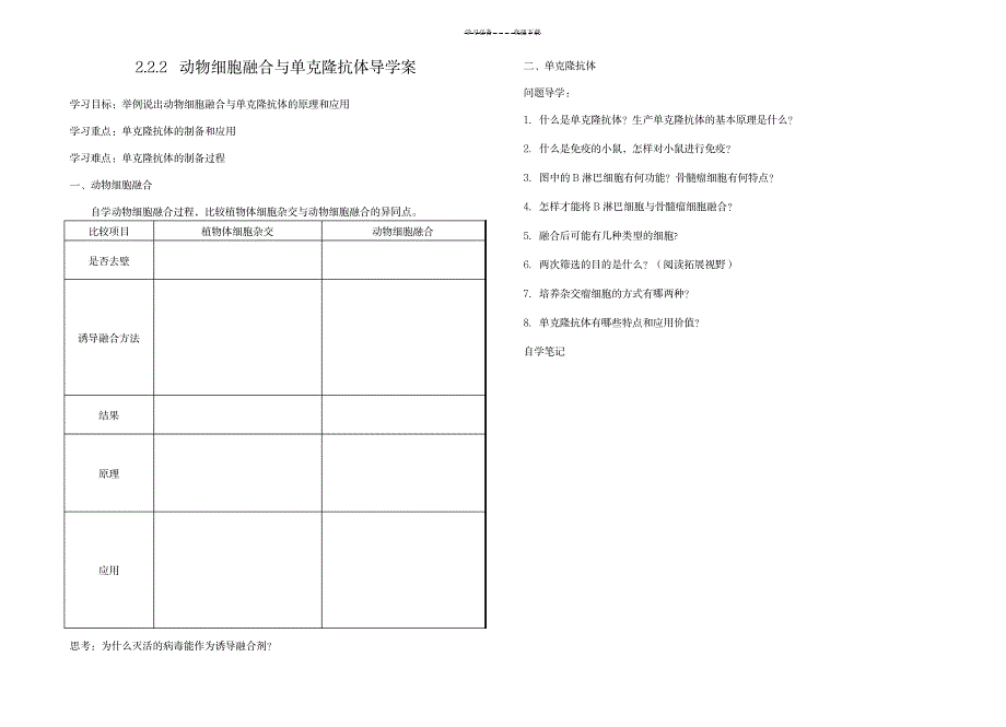 2023年动物细胞融合与单克隆抗体超详细导学案_第1页