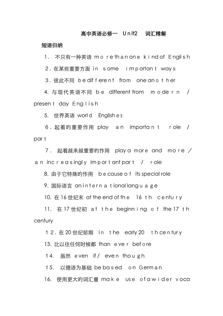 人教版高一英语必修一Unit2知识梳理、重点词汇解析及单元自测_第1页