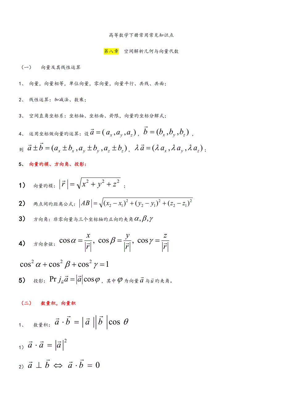 2023年完整版高数下册常用常见知识点_第1页