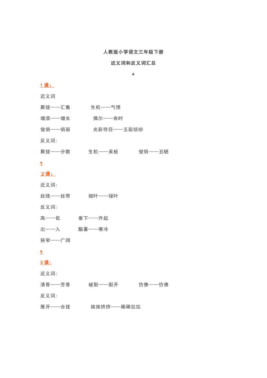 人教版小学语文三年级下册近义词反义词汇总_第1页