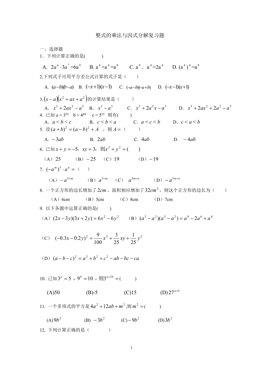 整式的乘法与因式分解复习题_第1页