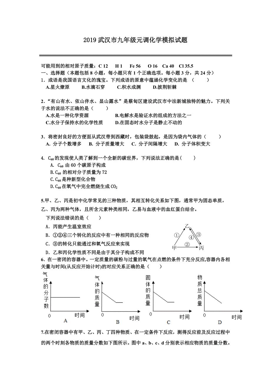 2019武汉市九年级元调化学模拟试题_第1页