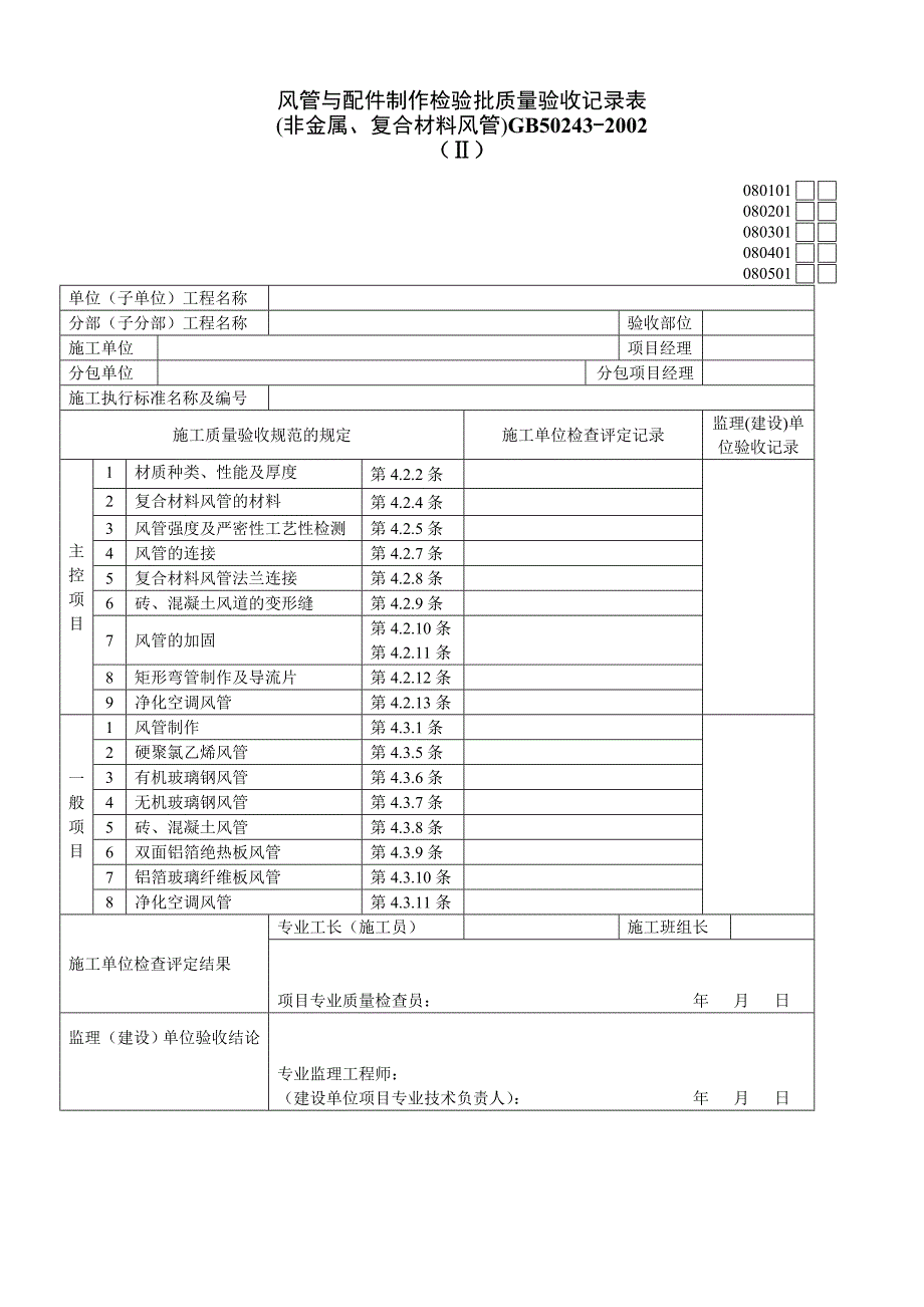 风管与配件制作检验批质量验收表(非金属、复合材料风管)080501Ⅱ（精品）_第1页