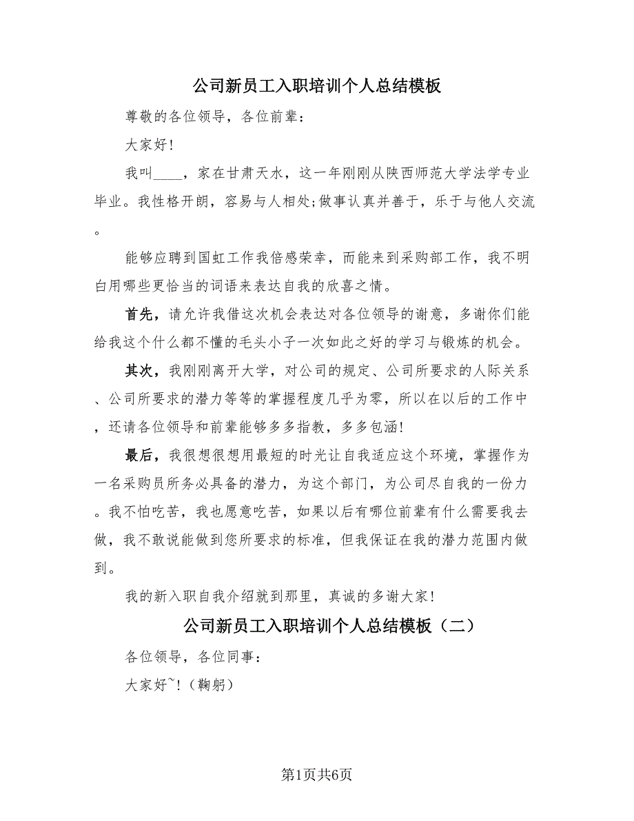 公司新员工入职培训个人总结模板（4篇）.doc_第1页