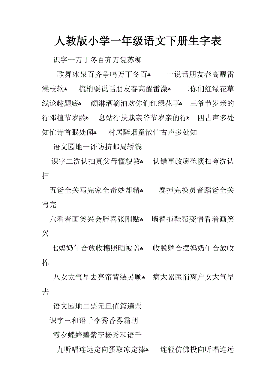 人教版小学一年级语文下册生字表_第1页