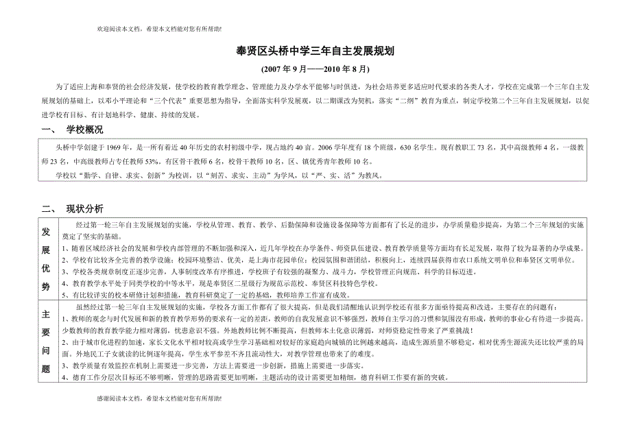 奉贤区头桥中学三年自主发展规划_第1页