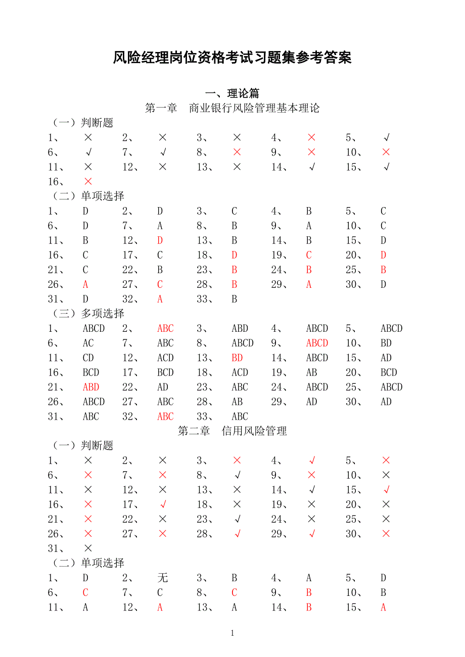 風(fēng)險經(jīng)理崗位資格考試習(xí)題集參考答案_第1頁