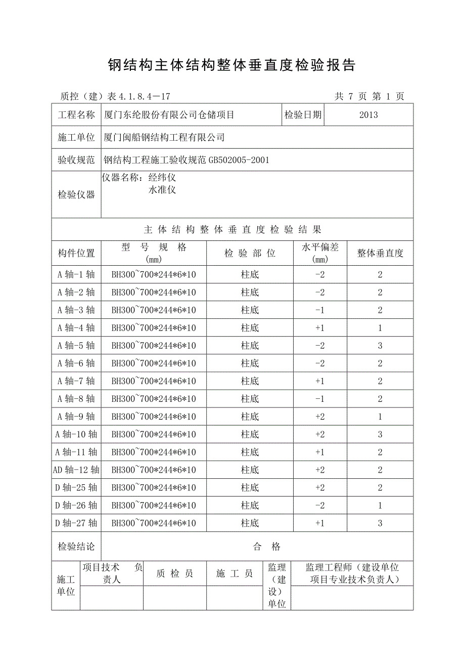 钢结构主体结构整体垂直度检验报告_第1页