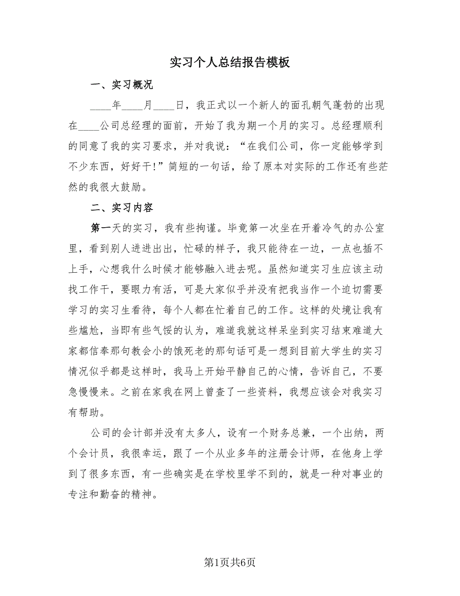 实习个人总结报告模板（2篇）.doc_第1页