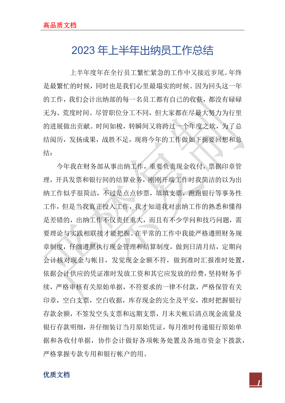 2023年上半年出纳员工作总结_第1页