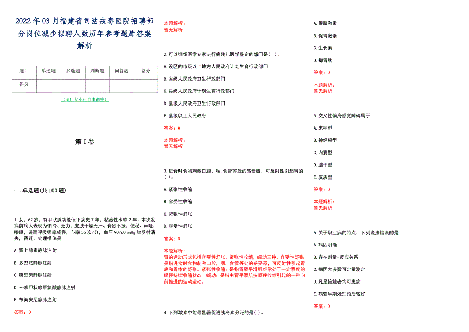 2022年03月福建省司法戒毒医院招聘部分岗位减少拟聘人数历年参考题库答案解析_第1页