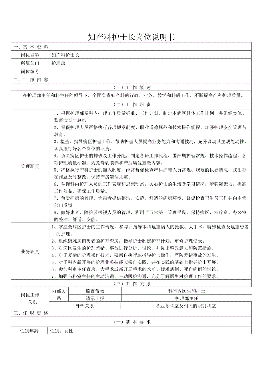 妇产科岗位说明书(DOC)_第1页