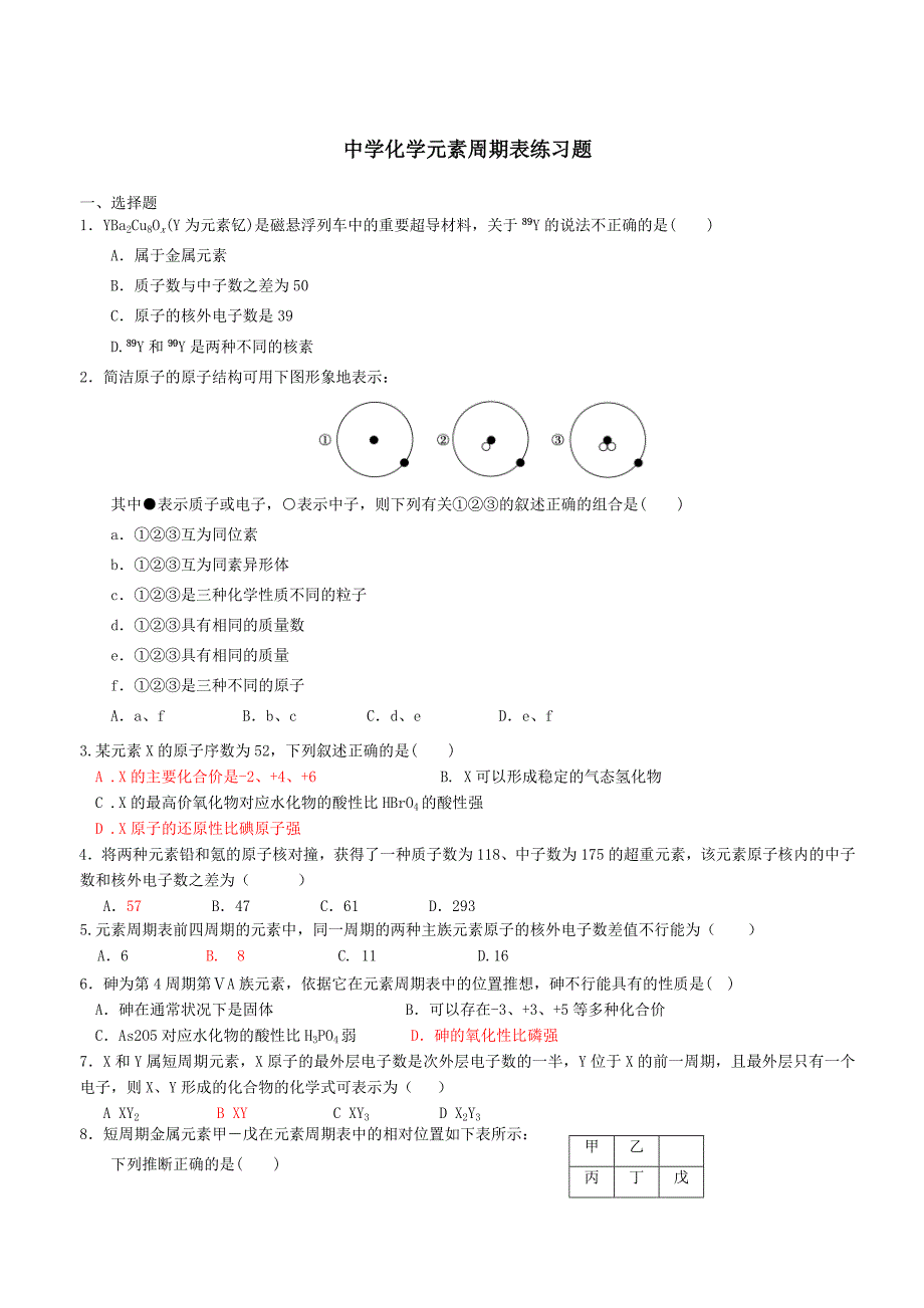 高中化学元素周期表练习题_第1页