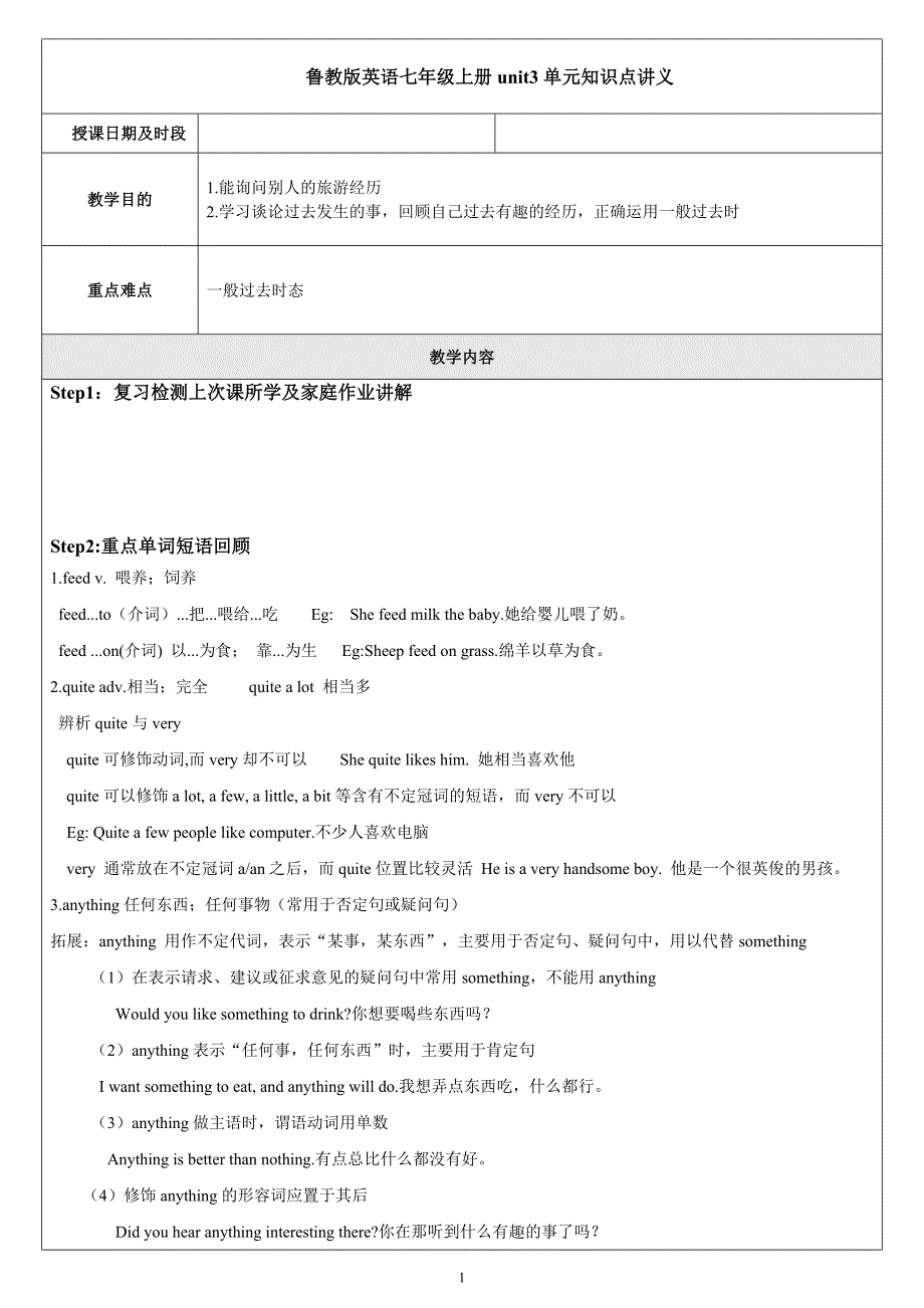 鲁教版英语七年级上册unit3单元知识点讲义(无答案)_第1页