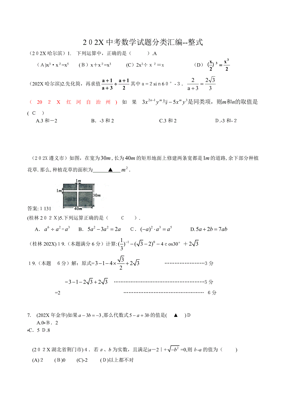 20考数学试题分类汇编整式初中数学_第1页