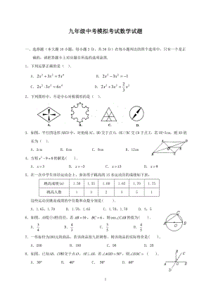 九年级中考模拟考试数学试题（20142）