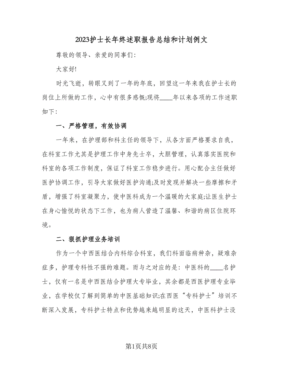 2023护士长年终述职报告总结和计划例文（二篇）.doc_第1页