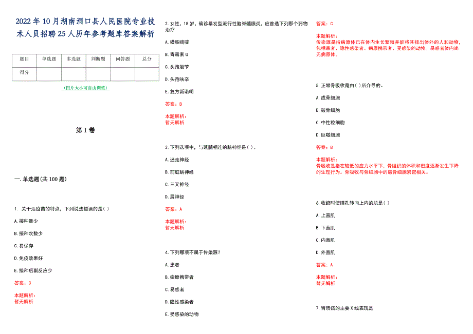 2022年10月湖南洞口县人民医院专业技术人员招聘25人历年参考题库答案解析_第1页
