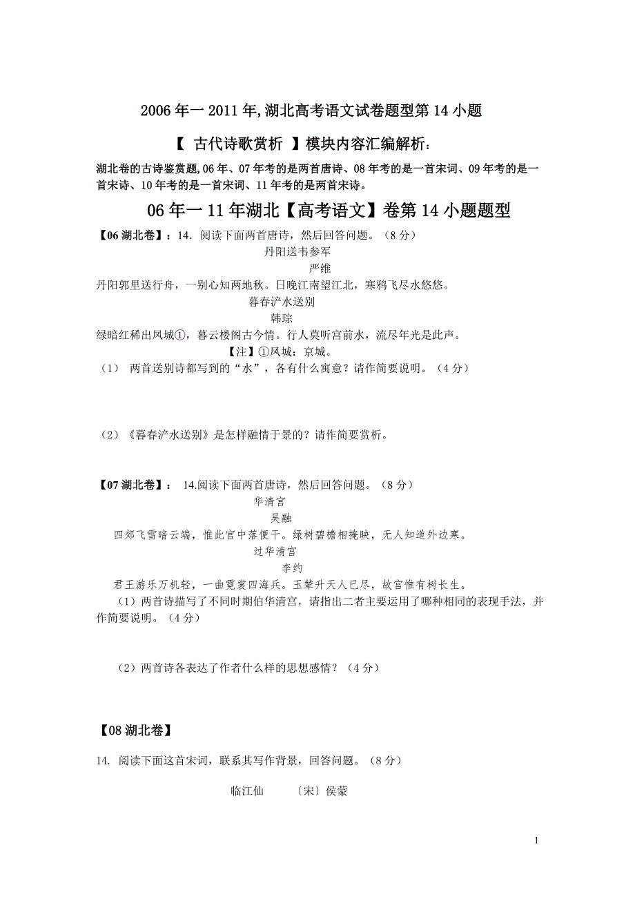 2006年一2011年湖北高考语文试卷题型第14题(古代诗歌赏析)模块内容汇编解析_第1页