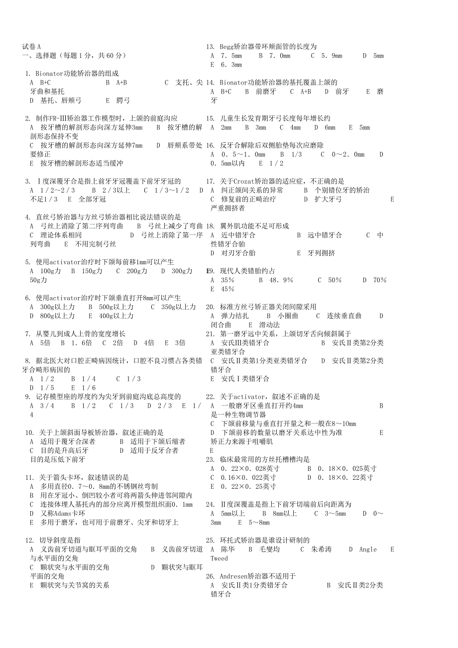 口腔正畸学综合考试题库DOC_第1页